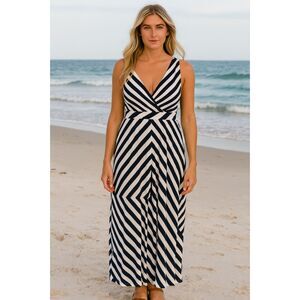 Navy White Stripped V-Neck Casual Stretch Sleeveless Maxi Summer Dress Large